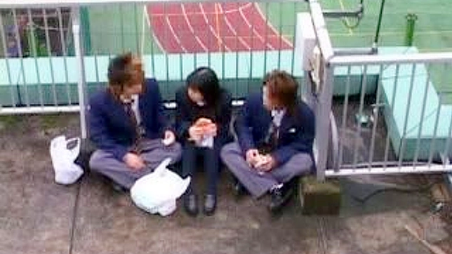 日本少女在学校屋顶与两个朋友秘密手交