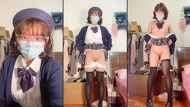 戴眼镜的中国女孩穿黑丝袜自慰并挤出白色酱液