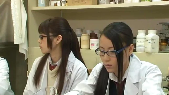 Teen schoolgirl friends in glasses help to jerk him off 2