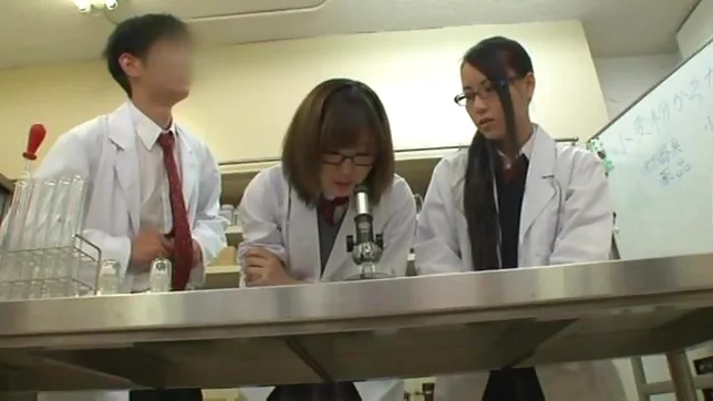 Teen schoolgirl friends in glasses help to jerk him off 3