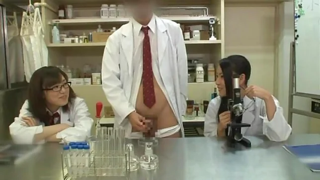 Teen schoolgirl friends in glasses help to jerk him off 4