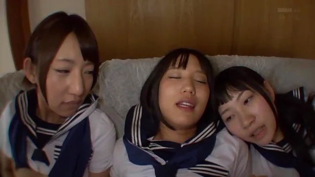 Three horny schoolgirls, Riku Minato, Nanase Otoha, and Ito Yoshikawa in uniform meets a cock in POV 8