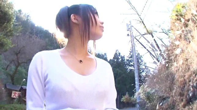 Hot Asian babe flashes and gives head in the woods